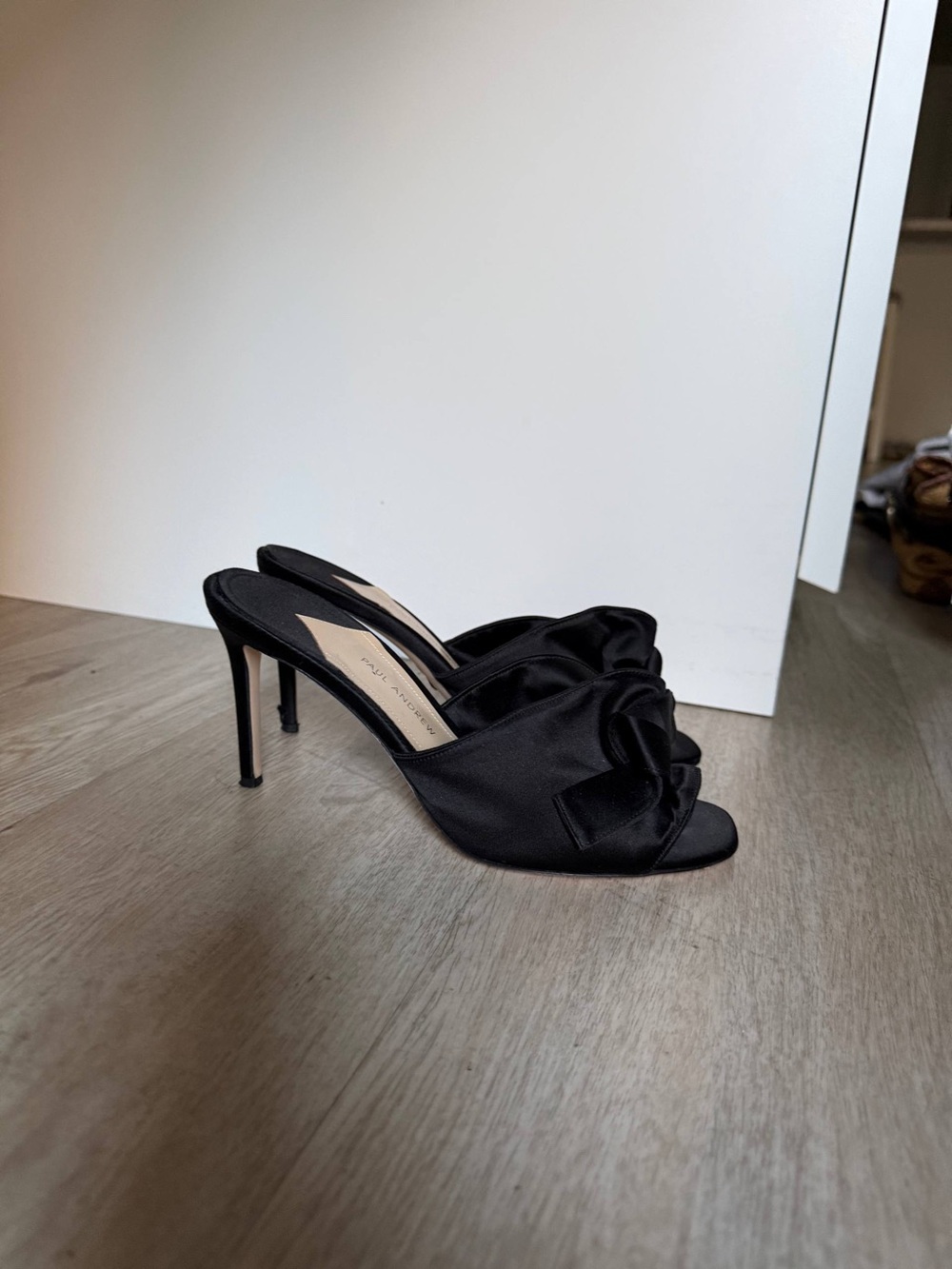 Paul Andrew Black Satin Knot Mule Heels Size 38